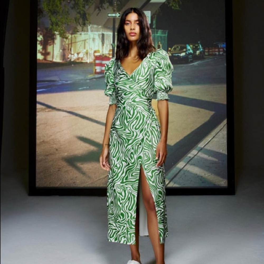 NWOT Cinq a Sept Kacy Green Zebra Print Silky Dress